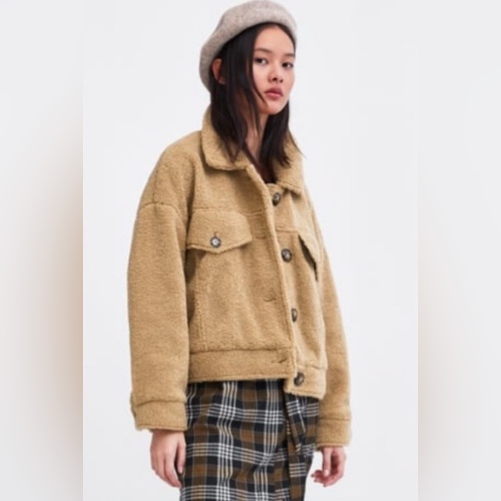 Zara TRF Collection side Small Teddy Coat Teddy Bear jacket Tan brown‎ cozy